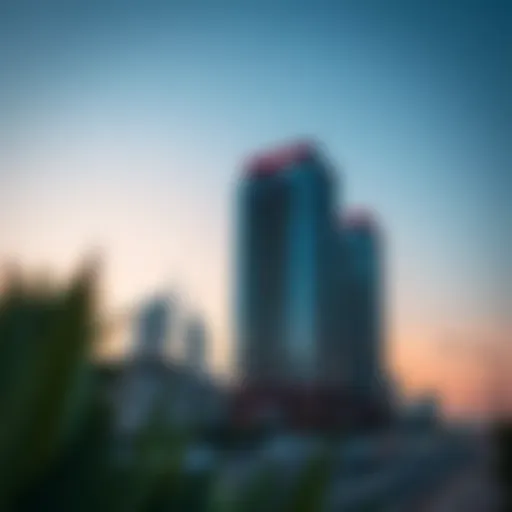 Stunning view of Aster building on Sheikh Zayed Road at sunset