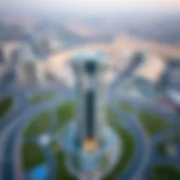 Aerial view of Sharjah Gate Tower showcasing its unique architecture and surrounding landscape.