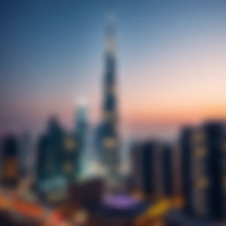 Night view of HSBC Tower illuminated against the Dubai skyline